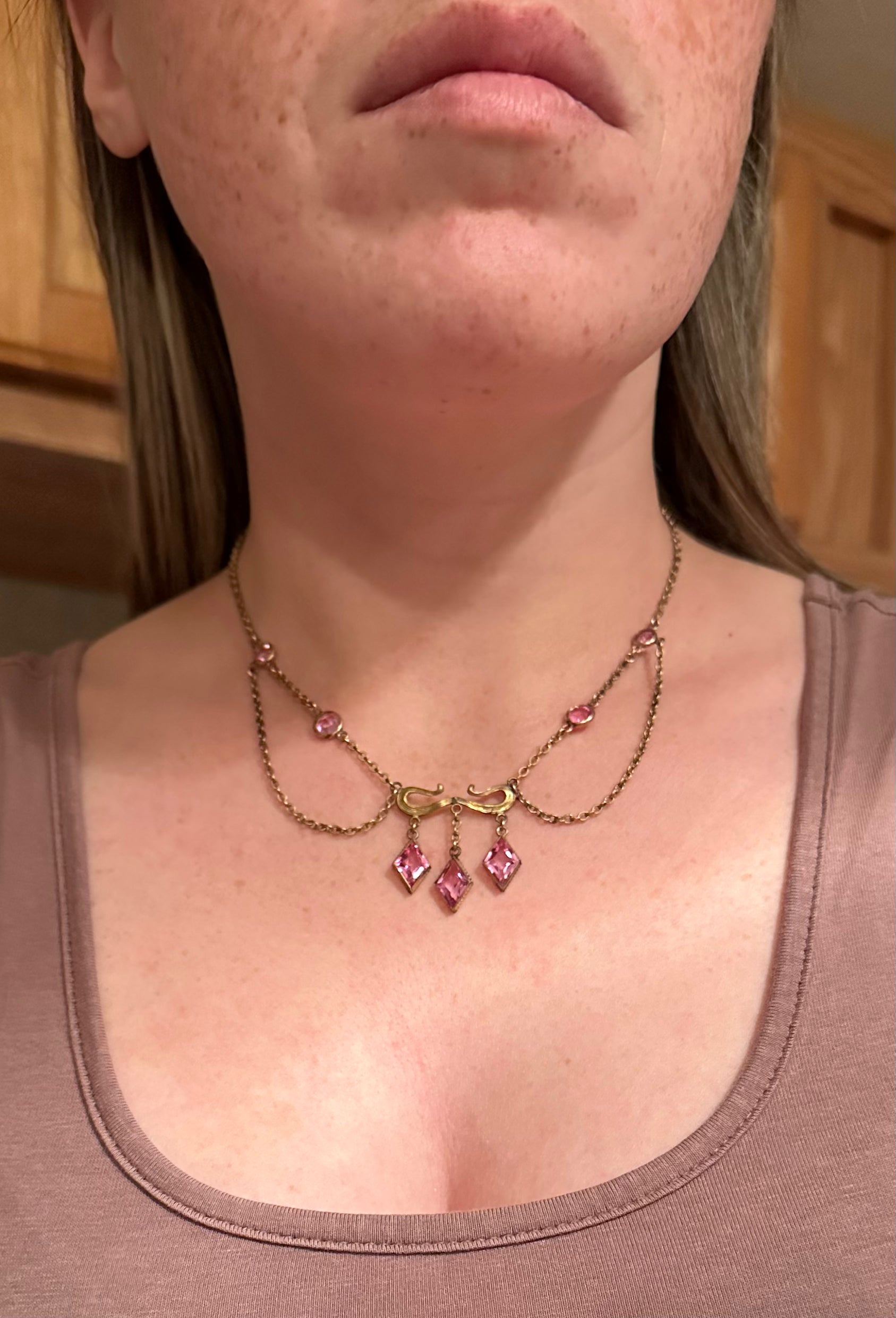Antique Victorian gold filled pink tourmaline glass festoon necklace, 15.5"